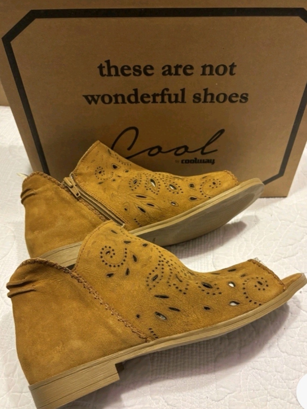 Coolway Mustard Suede Laser-Cut Open-Toe Ankle Booties